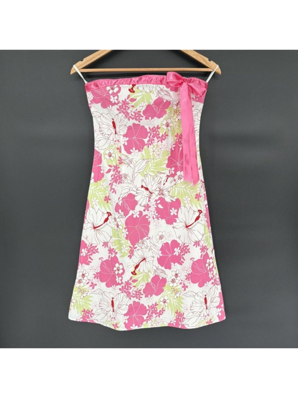Vintage Y2K Pink Hibiscus Floral Strapless Dress M White Pink Satin Bow A-Line